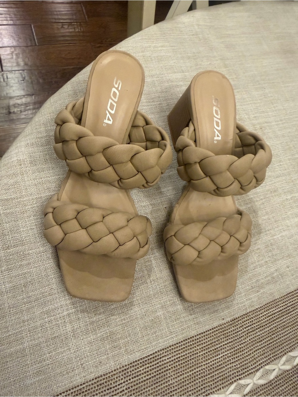 SODA Braided Double-Strap Block Heel Sandals in Tan